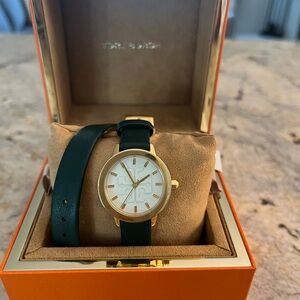 Tory Burch Leather Reva Double Wrap Watch: Green and Gold- NWT